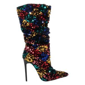 Azalea Wang Jimena Heeled Boots Rainbow Multi Sequin Embellished Stiletto Sz 8